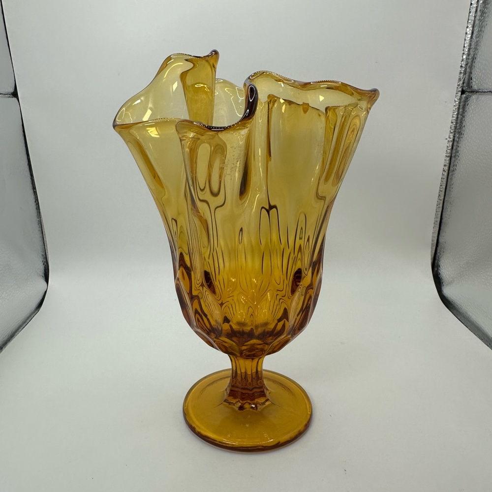 Fenton Art Glass Thumbprint Amber Handkerchief Swung Pedestal Vase